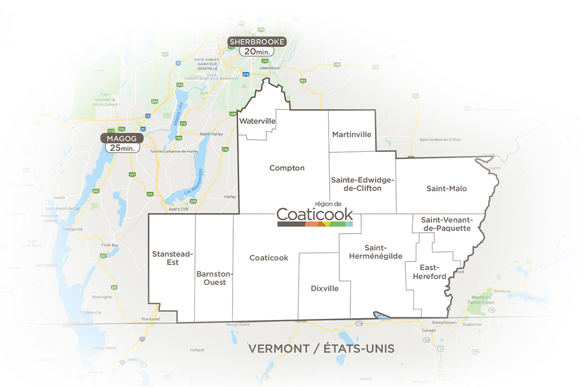 Carte des 12 municipalités de la région de Coaticook